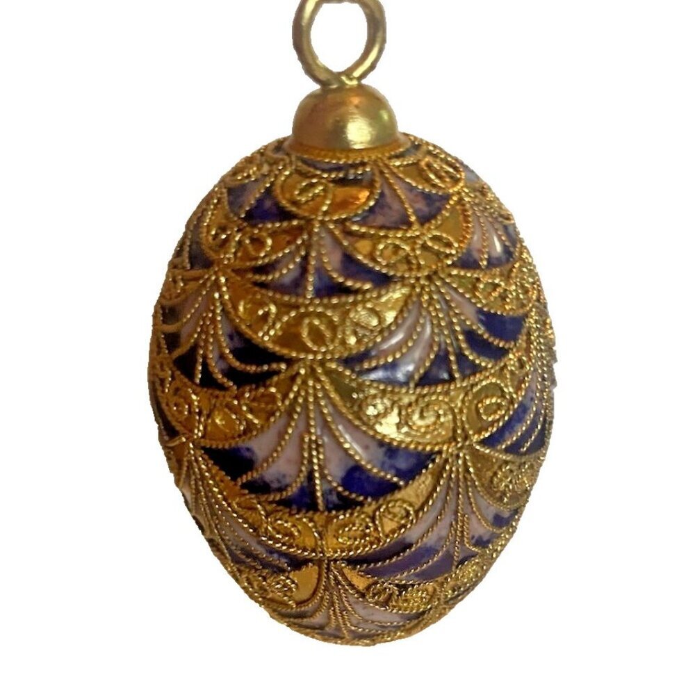 Vintage Purple Enamel Egg Ornament Gold Tone Christmas Holiday Tree Decor